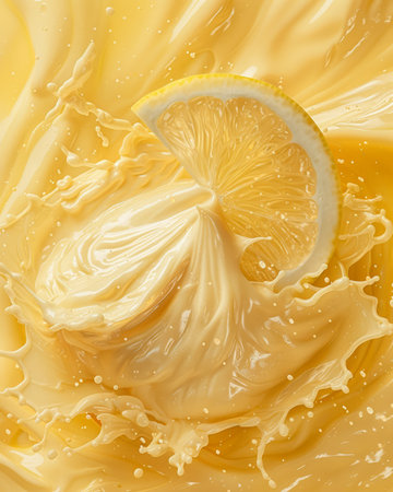 Fresh Lemon Slice Splashing into Creamy Yellow Liquid Swirl Background for Refreshing Concept AI Generativeの素材