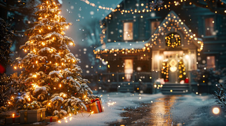 Enchanting Winter Evening with Snowfall over Festively Decorated House and Illuminated Christmas Tree AI Generativeの素材