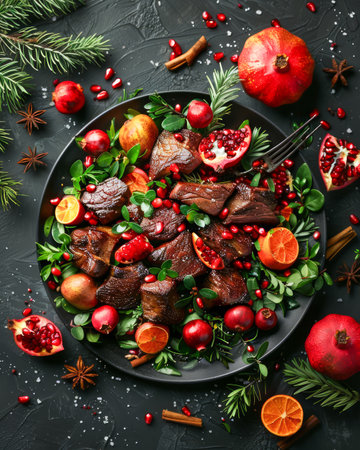 Festive Holiday Dinner Plate with Roast, Pomegranate, and Citrus on a Decorated Table AI Generativeの素材