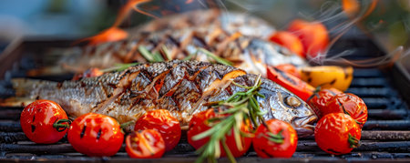 Fresh Whole Fish Grilled to Perfection with Cherry Tomatoes and Rosemary on Outdoor Barbecue AI Generativeの素材