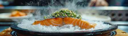 Fresh Salmon Fillet with Vegetables Served on Sizzling Hot Plate with Chef in Background at Restaurant AI Generativeの素材