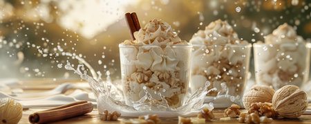 Refreshing Glass of Horchata with Cinnamon and Splashing Milk, Traditional Sweet Beverage on Rustic Background AI Generativeの素材