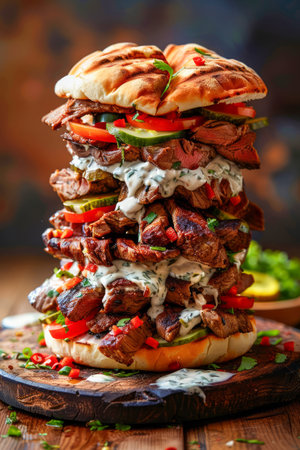 Gourmet Triple Steak Burger with Fresh Toppings and Creamy Sauce on Rustic Wooden Background AI Generativeの素材