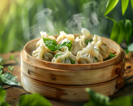 Fresh Steamed Dumplings in Bamboo Steamer with Green Leaves and Steam on Rustic Wooden Background AI Generativeの素材