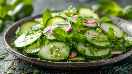 Fresh Homemade Cucumber Salad with Red Onion, Dill, and Mint on Rustic Table Healthy Vegan Side Dish AI Generativeの素材