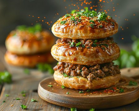 Stack of Savory Minced Meat Pies Sprinkled with Fresh Herbs on Wooden Cutting Board, Gourmet Comfort Food AI Generativeの素材