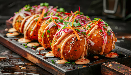Gourmet Grilled Hasselback Potatoes with Spicy Sauce and Fresh Herbs on a Rustic Presentation Tray AI Generativeの素材