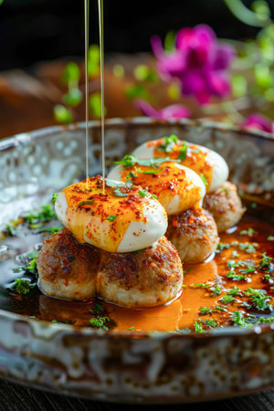 Gourmet Scallops Drizzled with Butter Sauce on Elegant Ceramic Plate, Fine Dining Experience with Floral Background AI Generativeの素材