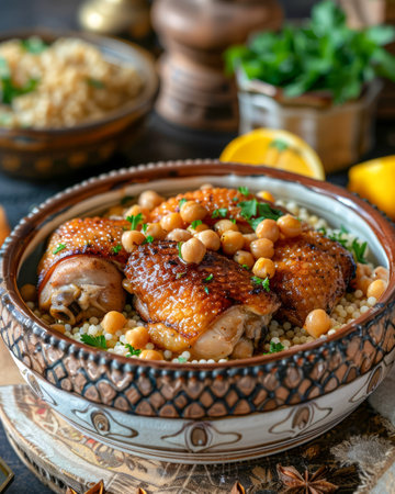Traditional Moroccan Chicken Tagine with Lemon and Olives Served with Couscous on Rustic Table AI Generativeの素材