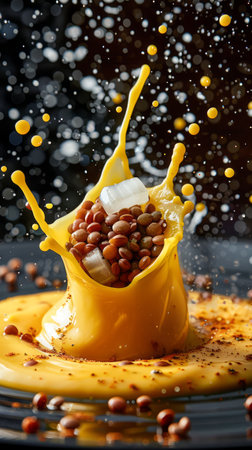 High Speed Photography of Chocolate Balls Splashing into Custard on Dark Background, Action Food Shot with Splatter AI Generativeの素材