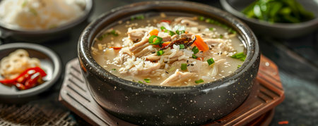 Traditional Korean Chicken Soup in Hot Stone Bowl on Wooden Table, Spicy Asian Cuisine AI Generativeの素材