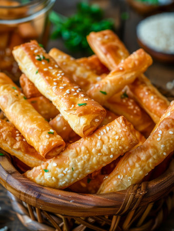 Freshly Baked Golden Pastry Sticks with Sesame Seeds in a Basket, Ideal for Snack or Party Appetizer, Close Up Food Photography AI Generativeの素材