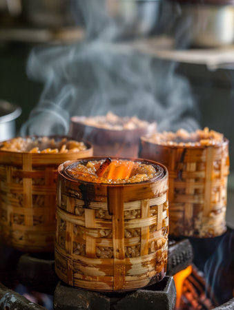 Traditional Asian Cuisine Preparation Steaming Bamboo Baskets with Rice and Vegetables over Open Fire AI Generativeの素材
