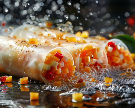 Fresh Vegetable Spring Rolls with Spicy Herbs, Corn, and Chili Flakes, Water Droplets Capturing Movement and Freshness AI Generativeの素材