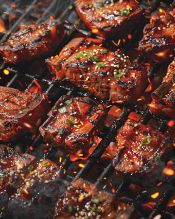 Juicy Grilled Steaks on Barbecue Over Charcoal Flames, Seasoned Meat Cooking Outdoors, BBQ Party AI Generativeの素材