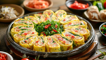 Traditional Korean Cuisine, Gyeran Mari Omelette Rolls with Vegetables on a Hot Platter with Side Dishes AI Generativeの素材