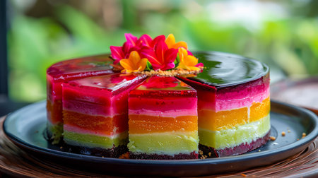 Vibrant Multilayered Jelly Cake Decorated with Edible Flowers on Rustic Plate with Natural Backdrop AI Generativeの素材