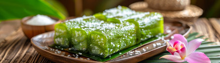 Traditional Thai Pandan Sweet Sticky Rice Dessert with Coconut Topping on Wooden Plate with Tropical Background AI Generativeの素材