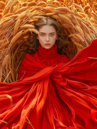 Artistic Portrait of a Woman in Red Dress Against Golden Wheat Field Background AI Generativeの素材