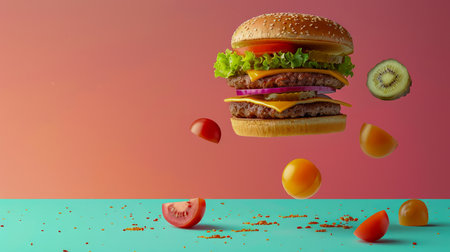 Deconstructed Floating Hamburger with Fresh Ingredients on a Colorful Background AI Generativeの素材