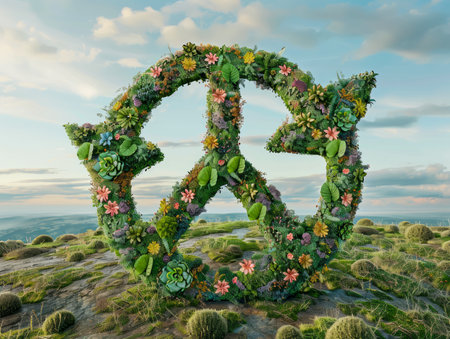 3D Render of Peace Symbol Adorned with Flowers and Greenery Against a Picturesque Sky AI Generativeの素材
