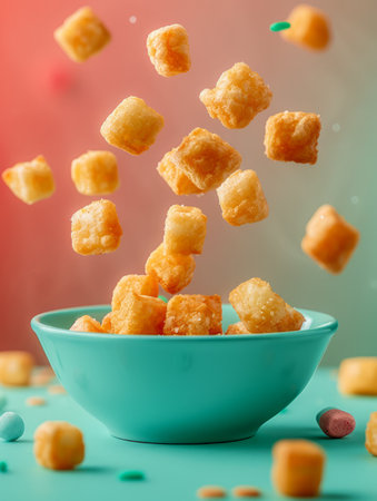 Dynamic High Speed Capture of Tater Tots Tumbling Above Blue Bowl on Vibrant Teal Background with Copy Space AI Generativeの素材