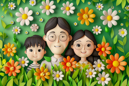 Cheerful Cartoon Family Posing in a Vibrant Floral Garden, Colorful Paper Art Style Illustration for Spring or Summer Themes AI Generativeの素材