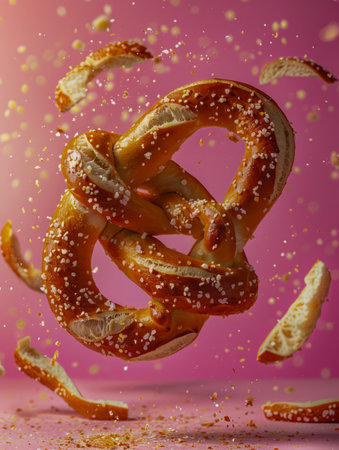 Cinematic High Speed Photography of a Salted Pretzel with Crumbs Flying on Vibrant Pink Background AI Generativeの素材