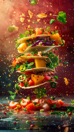 Dynamic Floating Salad Ingredients with Splashing Dressing on Vibrant Background AI Generativeの素材