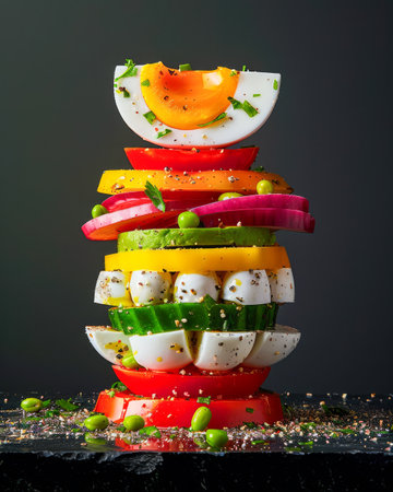 Colorful Stacked Salad with Fresh Slices of Tomato, Pepper, Cheese, and Basil Leaves on a Dark Elegant Background AI Generativeの素材