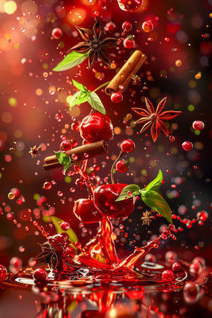 Creative Floating Apple and Spice Composition with Vibrant Splash Background for Culinary and Festive Concepts AI Generativeの素材