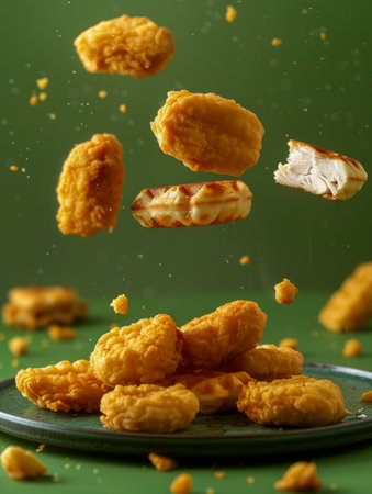 Crispy Chicken Nuggets Flying Above Glass Plate Against Green Background with Dynamic Motion and Crumbs AI Generativeの素材