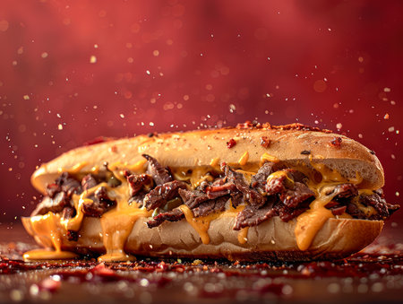 Delicious Gourmet Philly Cheesesteak Sandwich on Rustic Table With Meat, Cheese, and Sesame Bun Sprinkled With Seasoned Spices AI Generativeの素材