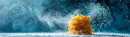 Explosive Ocean Wave Splashing Behind Isolated Pasta Nest on Blue Background in Conceptual Art Style AI Generativeの素材