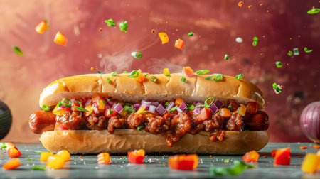 Delicious Gourmet Hot Dog with Condiments and Vegetables on Rustic Wooden Table Against Warm Background AI Generativeの素材