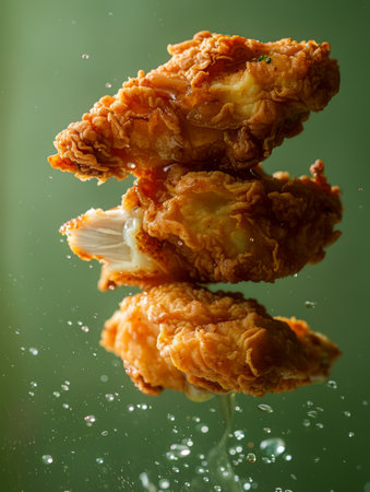 Crispy Fried Chicken Wings Floating Mid Air with Flying Juicy Droplets on Green Background AI Generativeの素材