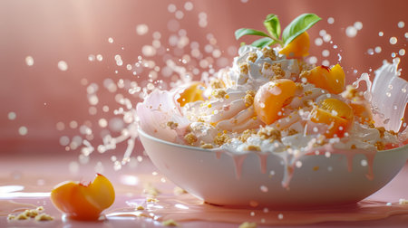 Fresh Citrus Yogurt Bowl with Oats and Mint Splashing on Pink Background Healthy Breakfast Concept AI Generativeの素材