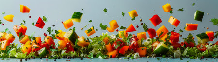 Fresh Colorful Mixed Vegetables Chopped and Flying in Air on Light Background with Copy Space AI Generativeの素材