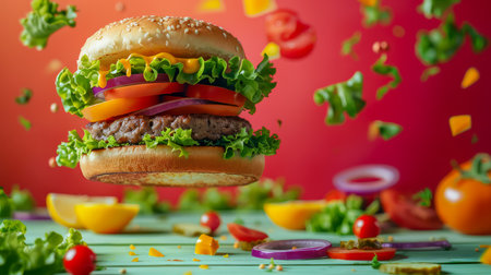 Delicious Classic Burger with Fresh Ingredients and Flying Elements on a Vivid Background for Food Advertising AI Generativeの素材