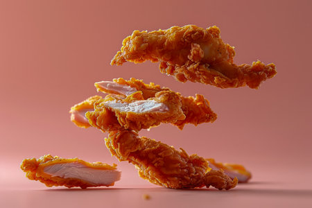 Crispy Fried Chicken Strips Levitating on Warm Pink Background, Fast Food Concept with Copy Space for Text AI Generativeの素材