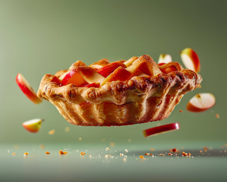 Freshly Baked Apple Pie with Crust Mid Air, Apple Slices Falling, Dynamic Food Photography on Green Background AI Generativeの素材