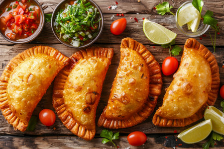 Delicious Homemade Golden Empanadas with Fresh Salsa and Lime on Rustic Wooden Table AI Generativeの素材