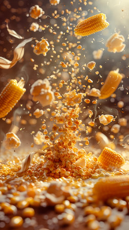 Dynamic Corn Explosion with Kernels and Cobs in Mid Air Against a Warm Backlit Background Full of Movement AI Generativeの素材
