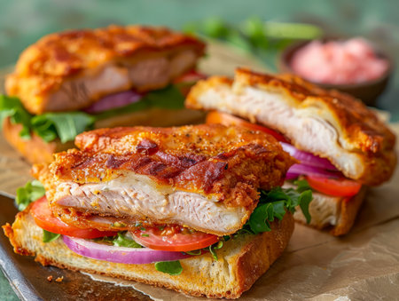 Delicious Grilled Chicken Sandwich with Fresh Lettuce, Tomato, Onion on a Rustic Wooden Table Perfect for Lunch or Dinner AI Generativeの素材