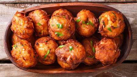 Delicious Homemade Golden Brown Roasted Potatoes in Rustic Wooden Dish, Garnished with Fresh Parsley Top View AI Generativeの素材