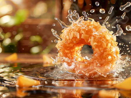 Fresh Orange Slice Falling into Water Causing Splash on Warm Backdrop with Droplets in Air AI Generativeの素材