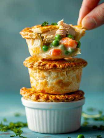Hand Picking a Slice From Freshly Baked Chicken Pot Pie Stacked in Ramekins with Green Peas and Carrots on Blue Background AI Generativeの素材