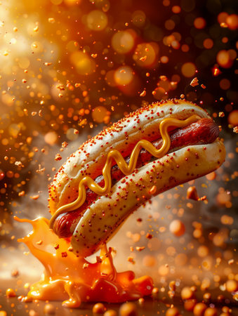 Gourmet Hot Dog with Mustard and Ketchup Splashing on Sparkling Fiery Background AI Generativeの素材