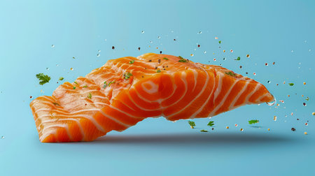 Fresh Raw Salmon Fillet with Herbs and Spices Levitation on Blue Background Gourmet Seafood Concept AI Generativeの素材