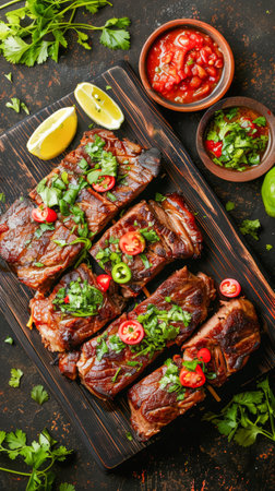 Juicy Grilled Steak Strips Garnished with Fresh Herbs and Spices on a Rustic Dark Table, Served with Tomato Salsa AI Generativeの素材